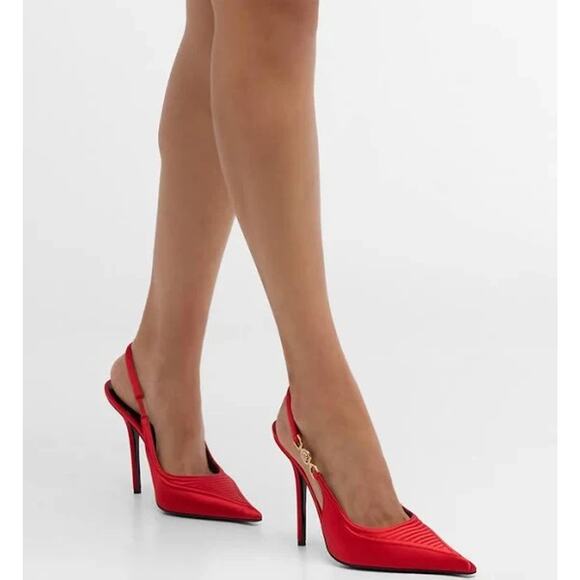 NIB VERSACE CORSET RED SATIN GOLD MEDUSA SANDALS HIGH HEEL PUMPS 40.5 10.5 ITALY - Picture 2 of 12